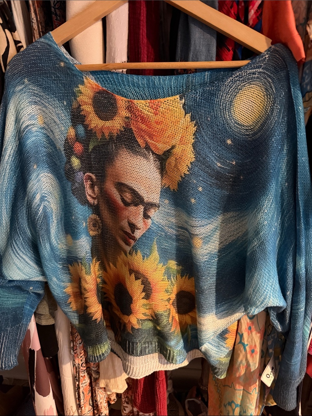 Blue Sunflower-Print Knit Sweater - Women's Artistic Crewneck